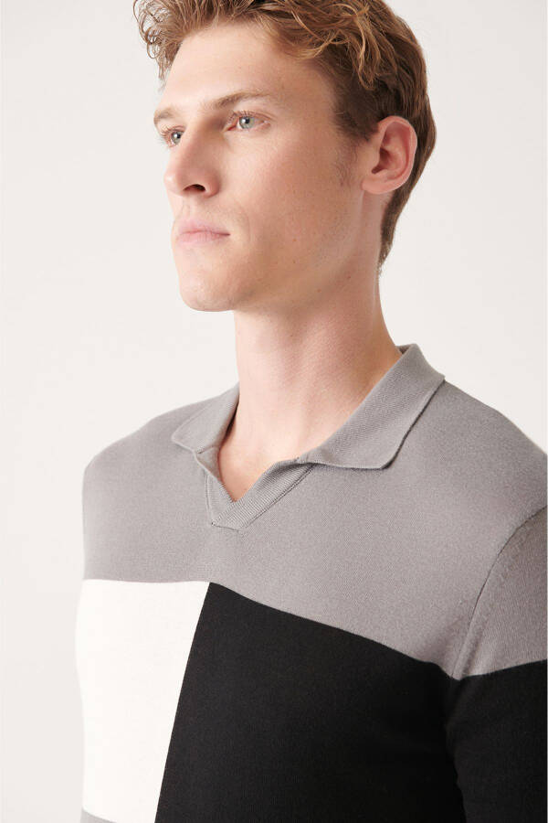 Men's Grey Cotton Buttonless Polo Collar Block Color Ribbed Regular Fit Knit T-shirt - 2