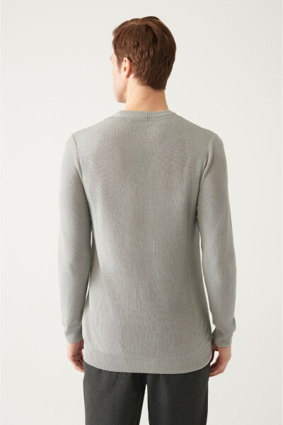 Men's Grey Crew Neck Jacquard Slim Fit Sweater - 8