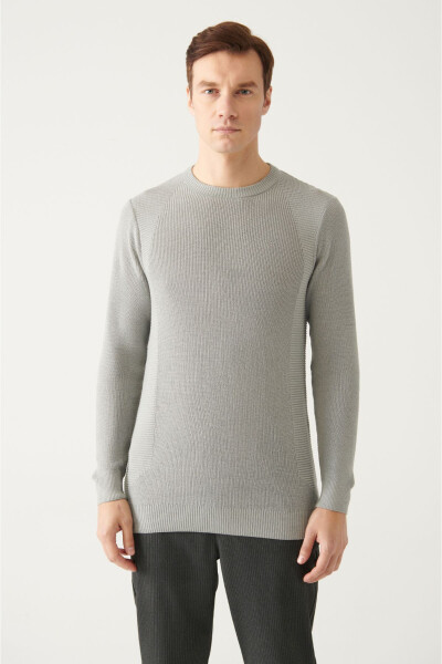 Men's Grey Crew Neck Jacquard Slim Fit Sweater - 1