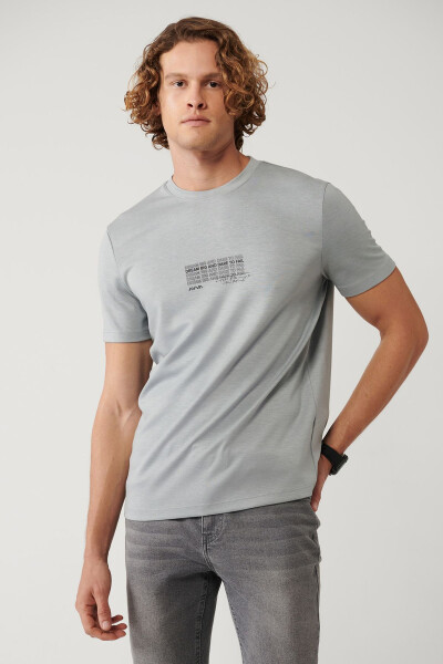 Men's Grey Crew Neck Printed Interlock Regular Fit T-shirt A41y1013 - 1