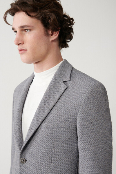 Men's grey jacket, single breasted, 360 degree stretch, double vent, unlined, slim fit. - 2