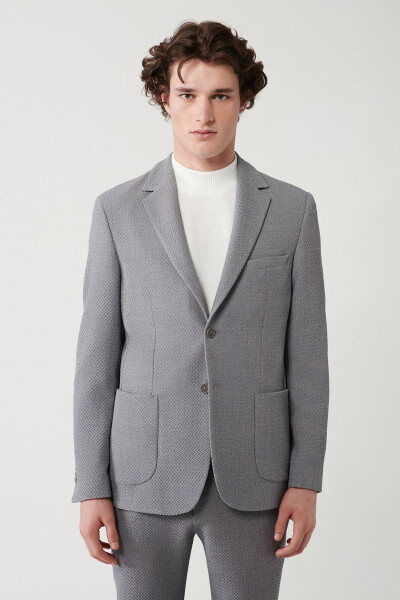 Men's grey jacket, single breasted, 360 degree stretch, double vent, unlined, slim fit. - 3