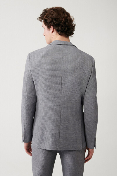 Men's grey jacket, single breasted, 360 degree stretch, double vent, unlined, slim fit. - 4