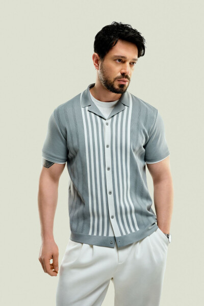 Men's Grey Knit T-shirt Polo Neck Buttoned Striped Regular Fit A41y5054 - 9