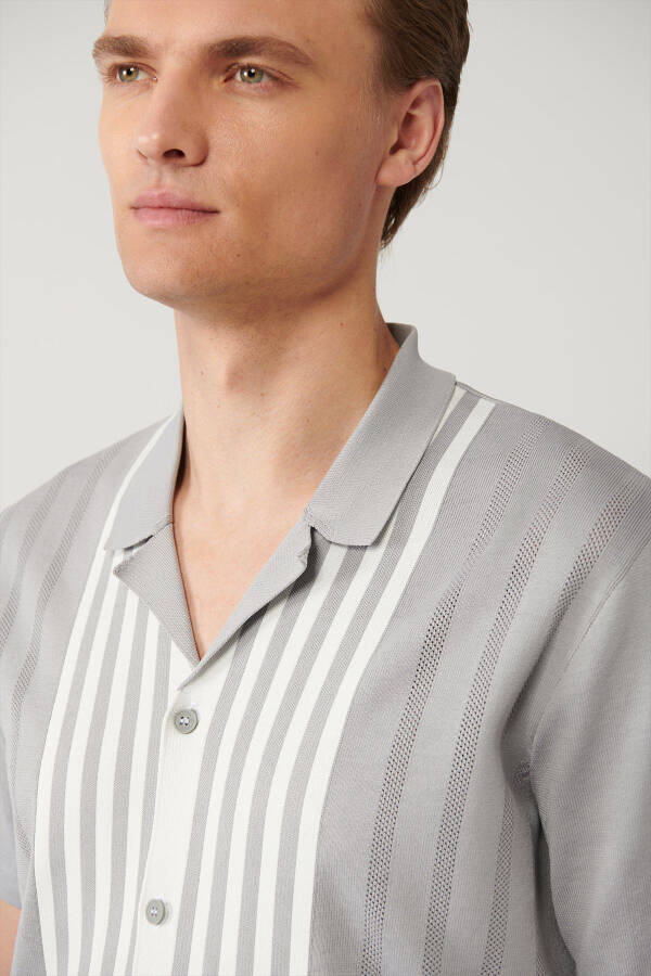 Men's Grey Knit T-shirt Polo Neck Buttoned Striped Regular Fit A41y5054 - 4