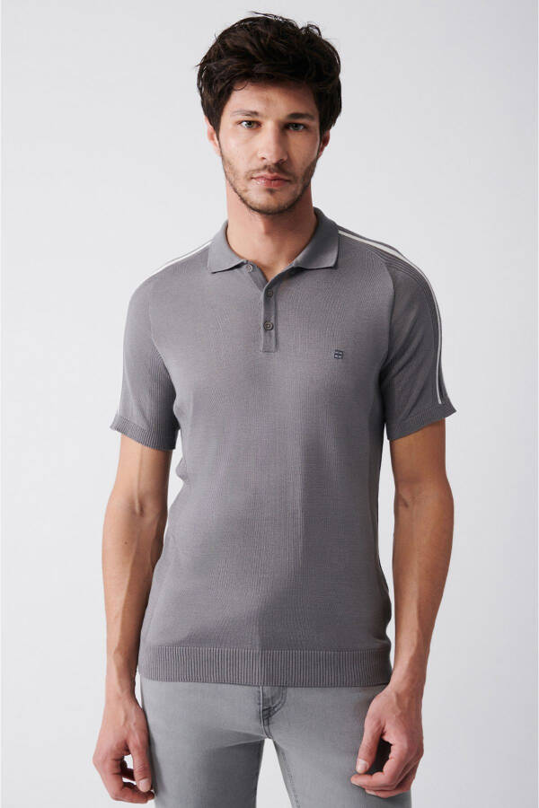 Men's Grey Polo Collar Shoulder Stripe Detailed Ribbed Regular Fit Knit T-shirt A31y5105 - 11