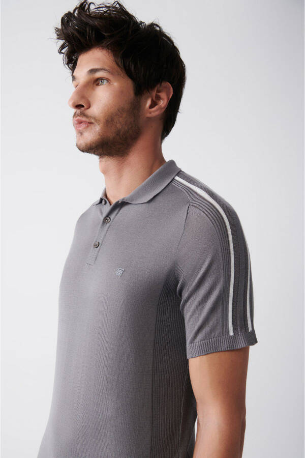 Men's Grey Polo Collar Shoulder Stripe Detailed Ribbed Regular Fit Knit T-shirt A31y5105 - 12