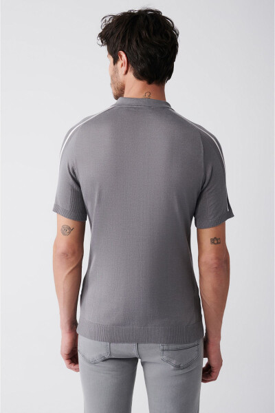 Men's Grey Polo Collar Shoulder Stripe Detailed Ribbed Regular Fit Knit T-shirt A31y5105 - 14