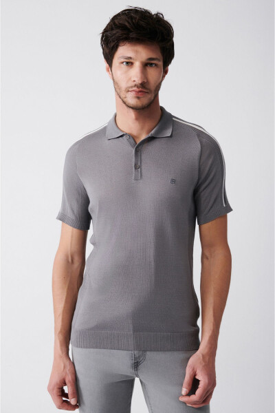 Men's Grey Polo Collar Shoulder Stripe Detailed Ribbed Regular Fit Knit T-shirt A31y5105 - 6