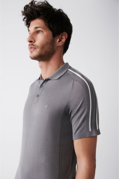 Men's Grey Polo Collar Shoulder Stripe Detailed Ribbed Regular Fit Knit T-shirt A31y5105 - 2