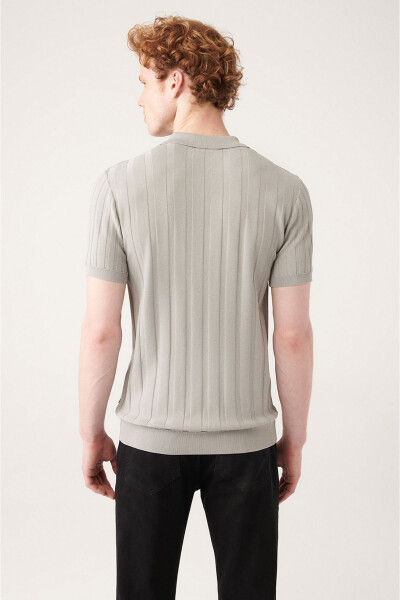 Men's Grey Polo Neck Ribbed Slim Fit Knit T-shirt with Cable Knit Detail A31y5011 - 14