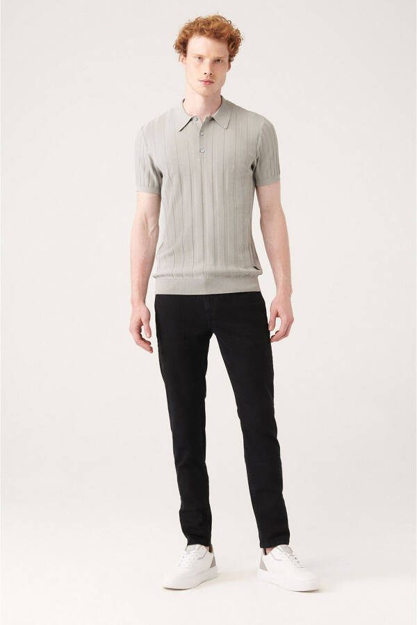 Men's Grey Polo Neck Ribbed Slim Fit Knit T-shirt with Cable Knit Detail A31y5011 - 15