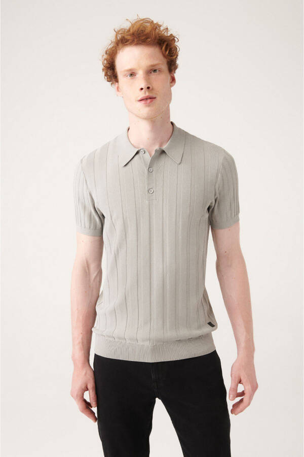 Men's Grey Polo Neck Ribbed Slim Fit Knit T-shirt with Cable Knit Detail A31y5011 - 6