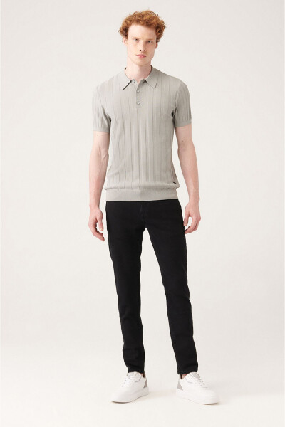 Men's Grey Polo Neck Ribbed Slim Fit Knit T-shirt with Cable Knit Detail A31y5011 - 5