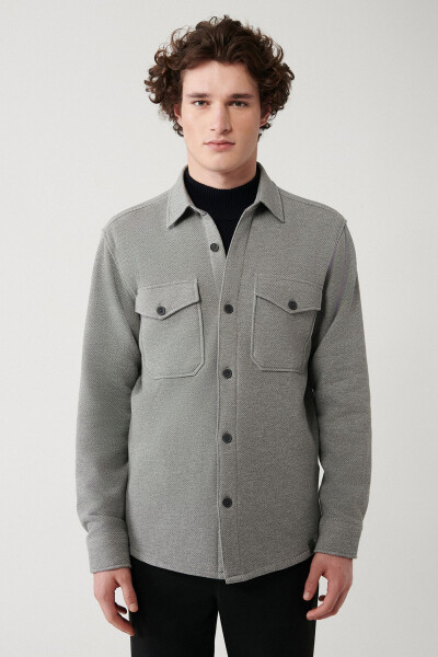 Men's Grey Shirt Jacket Classic Collar Diagonal Double Pocket Flap Cotton Knit Comfort Fit A32y2176 - 7