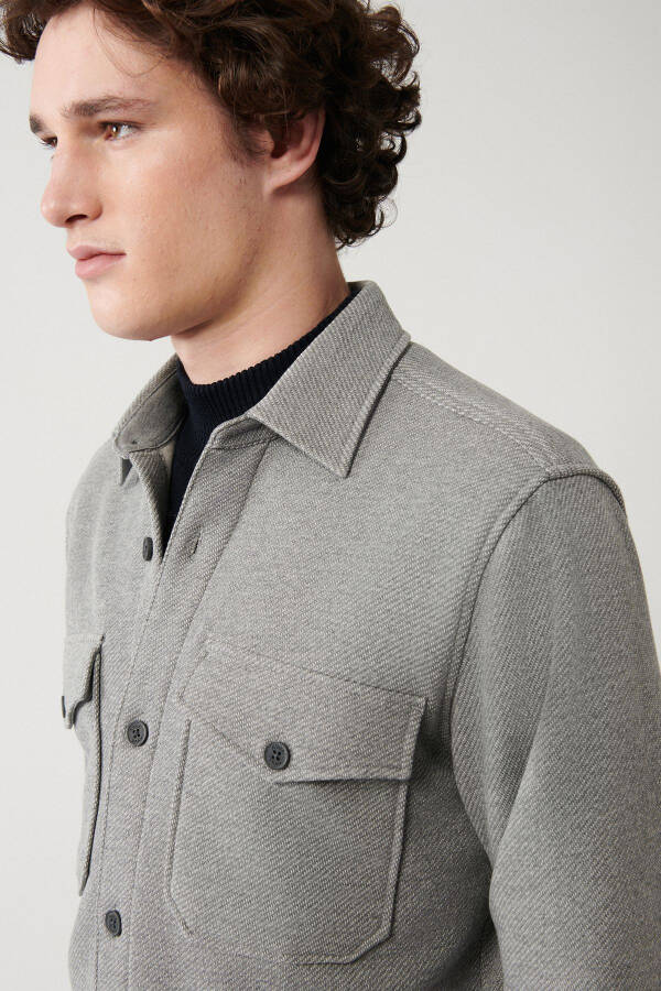 Men's Grey Shirt Jacket Classic Collar Diagonal Double Pocket Flap Cotton Knit Comfort Fit A32y2176 - 9