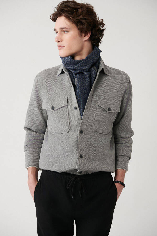 Men's Grey Shirt Jacket Classic Collar Diagonal Double Pocket Flap Cotton Knit Comfort Fit A32y2176 - 11