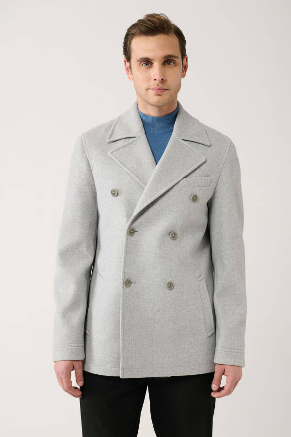 Men's Grey Short Coat, double breasted closure, lined, comfort fit. - 1