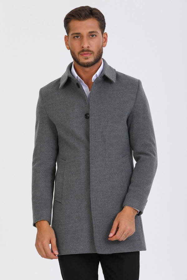 Men's Grey Slim Fit Wool Blend Cashmere Shirt Collar Coat Overcoat - 11