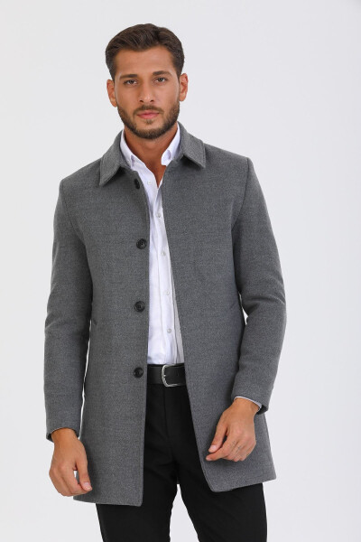 Men's Grey Slim Fit Wool Blend Cashmere Shirt Collar Coat Overcoat - 1