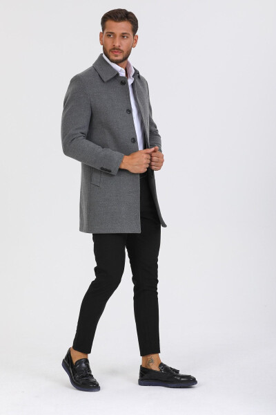 Men's Grey Slim Fit Wool Blend Cashmere Shirt Collar Coat Overcoat - 2