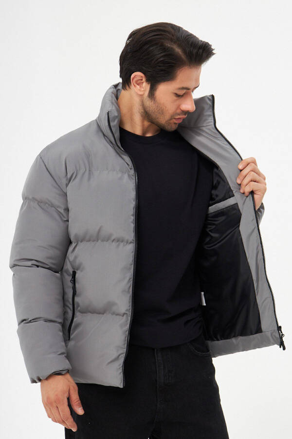 Men's Grey Windproof Puffer Winter Jacket with Lining - 14