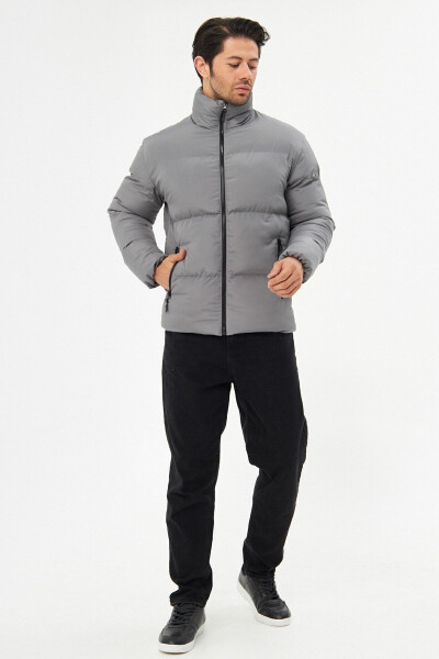 Men's Grey Windproof Puffer Winter Jacket with Lining - 2