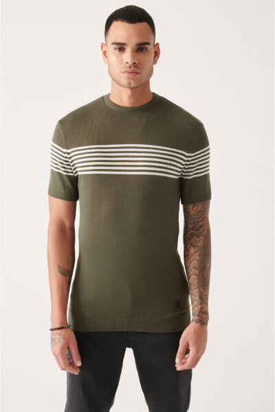 Men's Haki Ribbed Regular Fit Crew Neck T-shirt with Striped Chest and Sleeve Details A31y5116 - 7