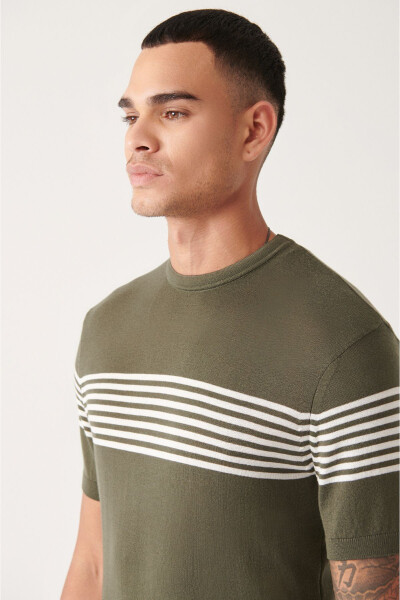 Men's Haki Ribbed Regular Fit Crew Neck T-shirt with Striped Chest and Sleeve Details A31y5116 - 8