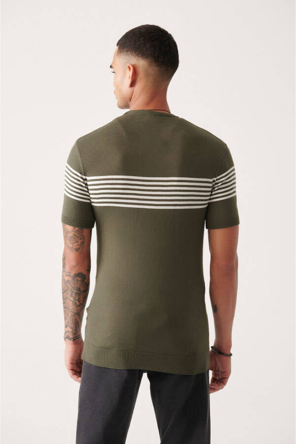 Men's Haki Ribbed Regular Fit Crew Neck T-shirt with Striped Chest and Sleeve Details A31y5116 - 10