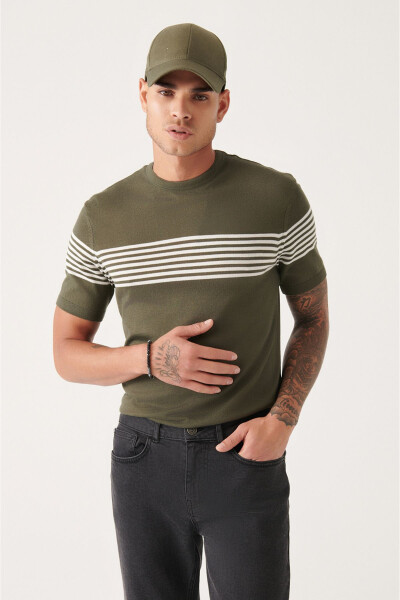 Men's Haki Ribbed Regular Fit Crew Neck T-shirt with Striped Chest and Sleeve Details A31y5116 - 11