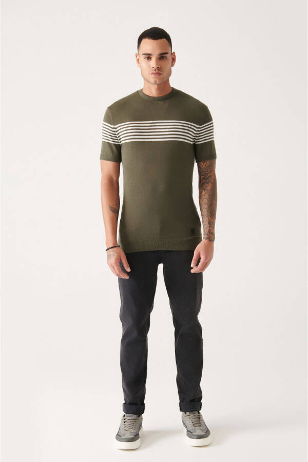 Men's Haki Ribbed Regular Fit Crew Neck T-shirt with Striped Chest and Sleeve Details A31y5116 - 12