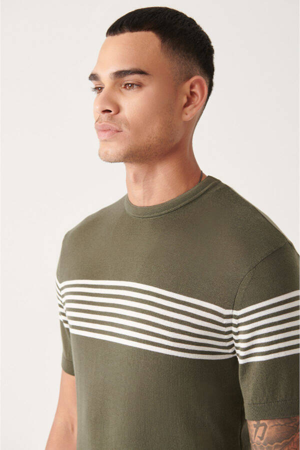 Men's Haki Ribbed Regular Fit Crew Neck T-shirt with Striped Chest and Sleeve Details A31y5116 - 2