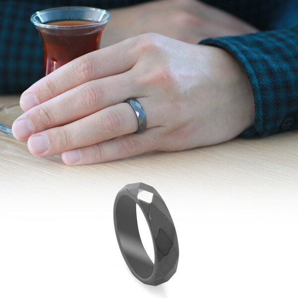 Men's Hematite Natural Stone Ring with Faceted Cut in Metallic Grey (Size 21) - 3