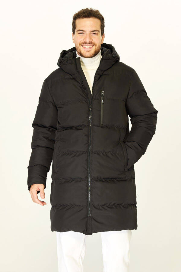 Men's Hooded Puffer Down Long Winter Black Windproof Jacket Parka Coat - 1