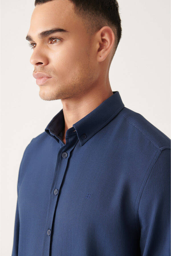 Men's Indigo Button-Down Collar Textured Cotton Slim Fit Narrow Cut Shirt E002050 - 7