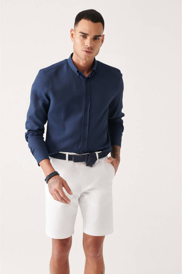 Men's Indigo Button-Down Collar Textured Cotton Slim Fit Narrow Cut Shirt E002050 - 8