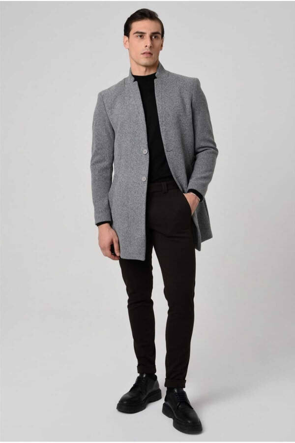 Men's Italian cut, slim fit, long coat with a stand collar. - 7