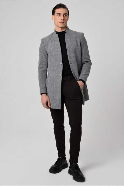 Men's Italian cut, slim fit, long coat with a stand collar. - 8