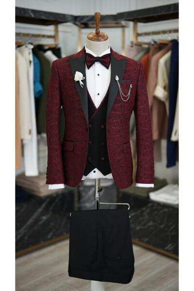 Men's Jacquard Tuxedo Groom Suit with Swallowtail Collar, Italian Cut Slim Fit Jacket, Vest, Pants and Bow Tie - 9