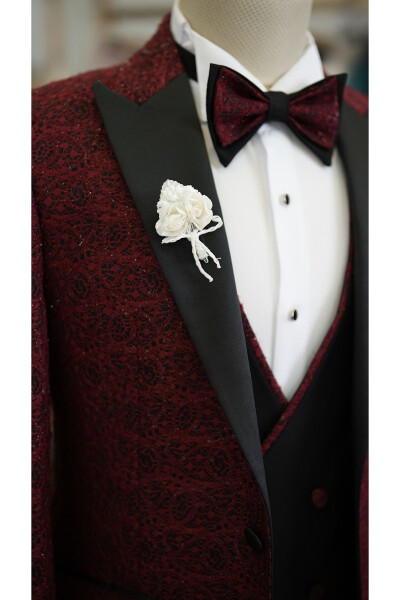 Men's Jacquard Tuxedo Groom Suit with Swallowtail Collar, Italian Cut Slim Fit Jacket, Vest, Pants and Bow Tie - 12