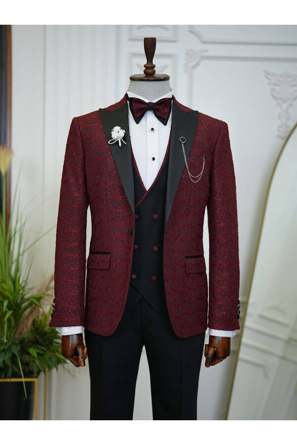 Men's Jacquard Tuxedo Groom Suit with Swallowtail Collar, Italian Cut Slim Fit Jacket, Vest, Pants and Bow Tie - 1