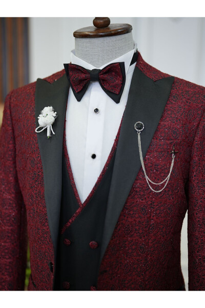 Men's Jacquard Tuxedo Groom Suit with Swallowtail Collar, Italian Cut Slim Fit Jacket, Vest, Pants and Bow Tie - 3