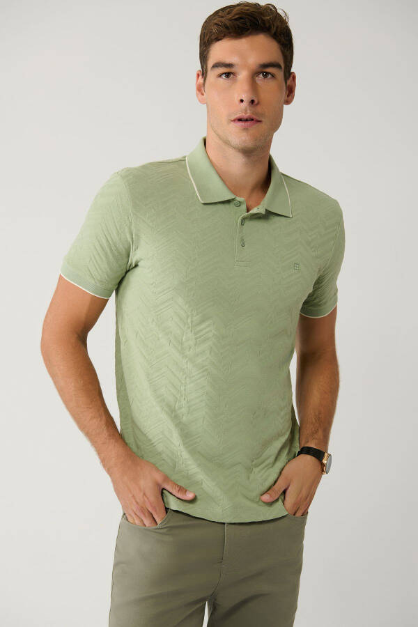 Men's Khaki 3 Button Polo Collar Jacquard T-shirt - 1