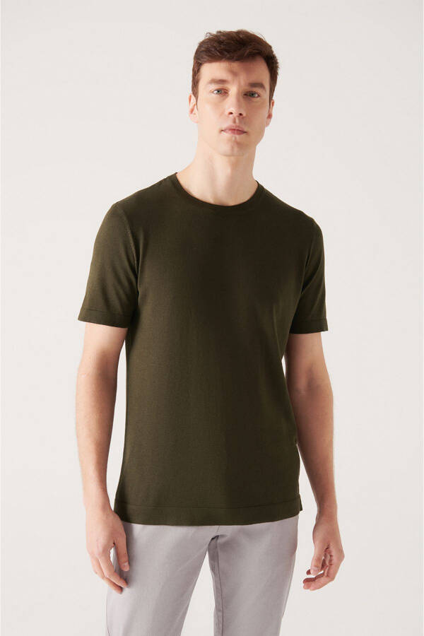 Men's Khaki Crew Neck Cotton Regular Fit Slim Knit T-shirt E005011 - 8