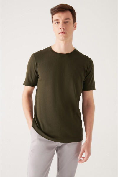 Men's Khaki Crew Neck Cotton Regular Fit Slim Knit T-shirt E005011 - 10