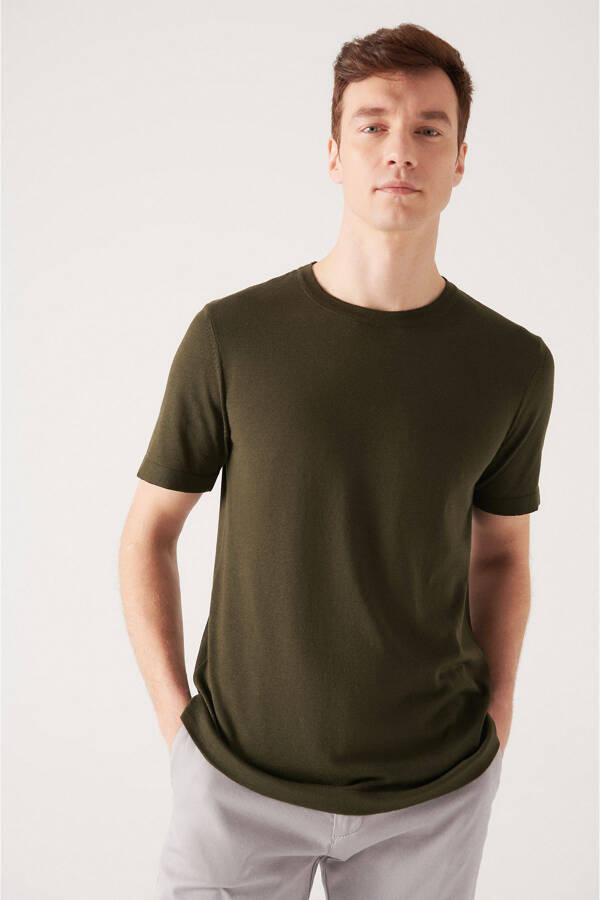 Men's Khaki Crew Neck Cotton Regular Fit Slim Knit T-shirt E005011 - 13