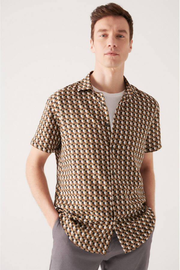 Men's Khaki Geometric Patterned Viscose Shirt A21y2117 - 8