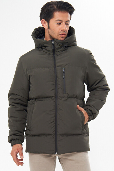 Men's Khaki Lined Hooded Puffer Winter Sports Jacket - 17