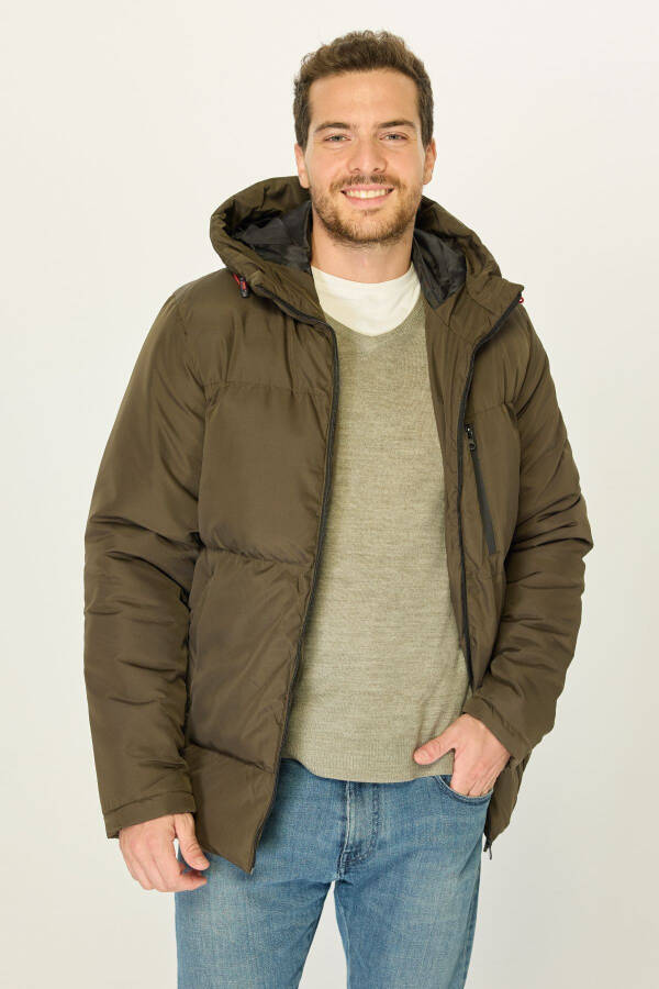 Men's Khaki Lined Hooded Puffer Winter Sports Jacket - 11